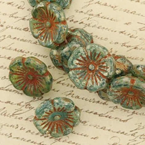 12mm Czech Flower Button Beads - Aqua Picasso