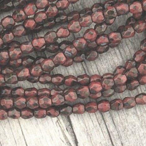 3mm Czech Firepolish Beads - Masala Red with Picasso