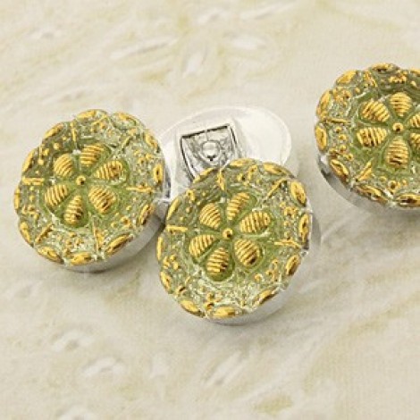 13mm Czech Glass Flower Buttons - Green & Gold