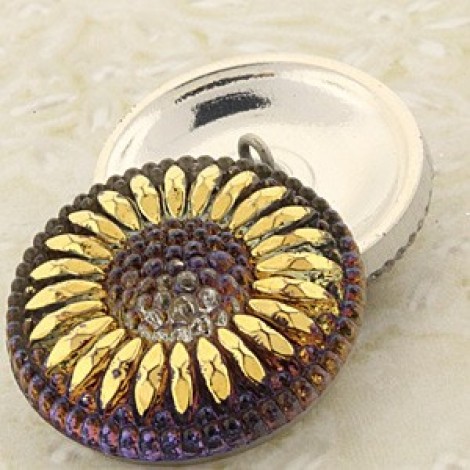 27mm Czech Flower Glass Button - Blue Vitrail & Gold