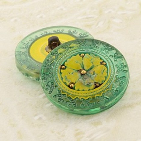 22mm Czech Glass Buttons - Emerald, yellow & gold