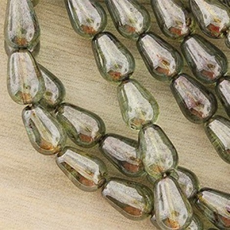 6x9mm Vertical Drilled Trans Green Luster Czech Teardrops - Pack of 20