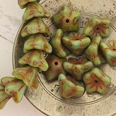 9x6mm Czech Flower Beads - Turquoise Green Picasso - Pack of 10