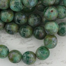 8mm Czech Green Picasso Round Glass Beads