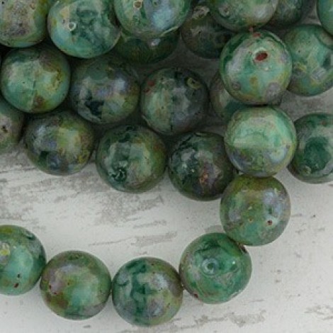 8mm Czech Green Picasso Round Glass Beads