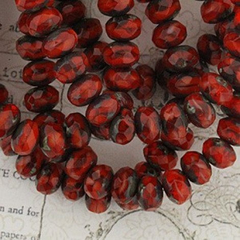 5x3mm Czech Faceted Rondelles - Coral Red Orange Picasso - Pack of 20