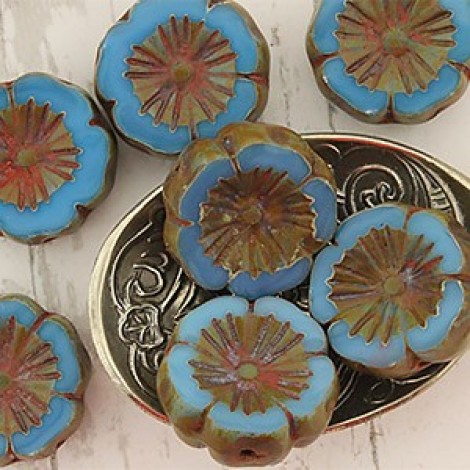 14mm Czech Table-Cut Flower Beads - Maya Blue Picasso