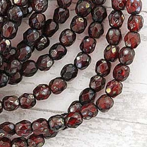 4mm Czech Firepolish Beads - Translucent Red Picasso - Pack of 50