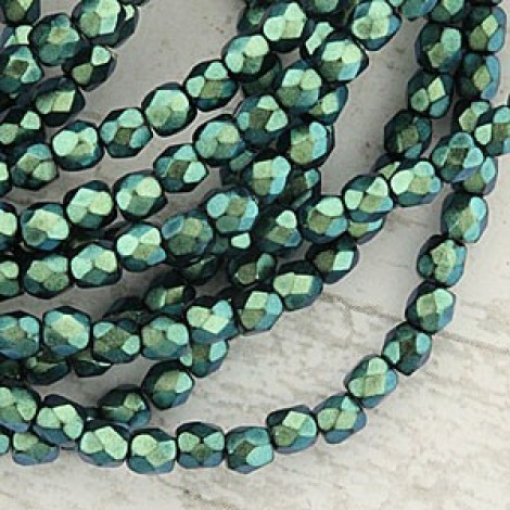 3mm Czech Firepolish Beads - Metallic Peacock Green