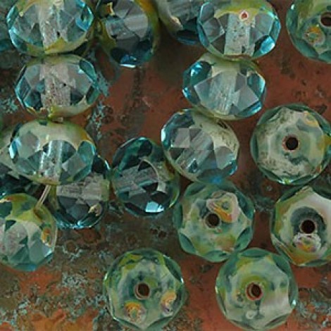 8x6mm Czech Faceted Glass Rondelles - Aqua & Picasso - Pack of 10