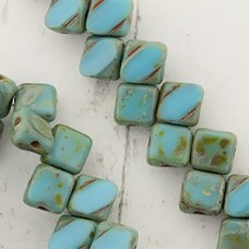 6mm Czech Silky 2-Hole Beads - Turquoise Blue Picasso