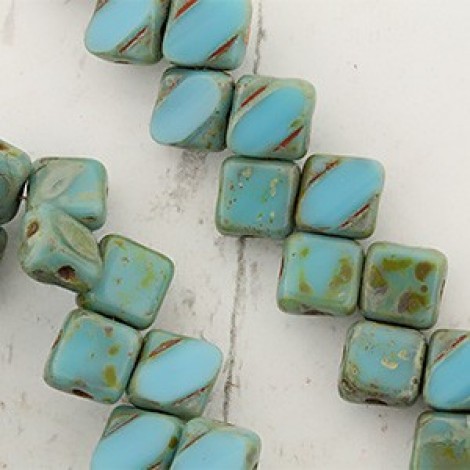 6mm Czech Silky 2-Hole Beads - Turquoise Blue Picasso - Pack of 25