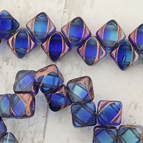 6mm Czech Silky 2-Hole Beads - Sapphire Aqua Picasso - Pack of 25