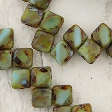 6mm Czech Silky 2-Hole Beads - Turquoise Amber Picasso - Pack of 25