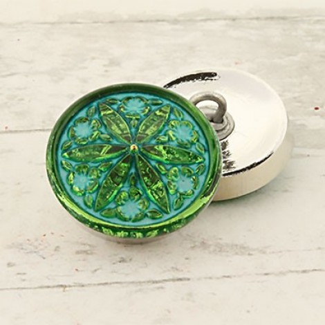 18mm Czech Star Flower Glass Button - Peridot & Turquoise