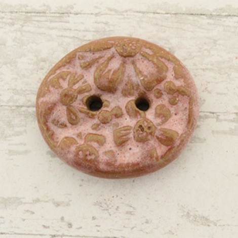 33x30mm Gaea Ceramic 2-Hole Button - Pink Floral - Each