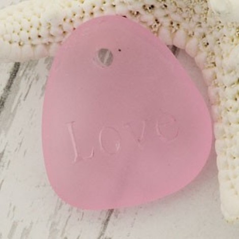 28x25mm Sea Glass Engraved Pendant - Pink - Love