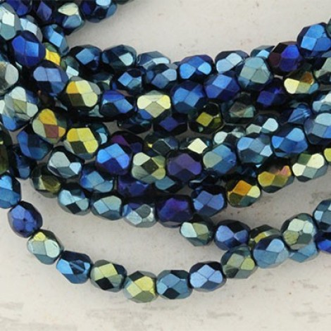 4mm Czech Firepolish Beads - Silvery Blue Iris