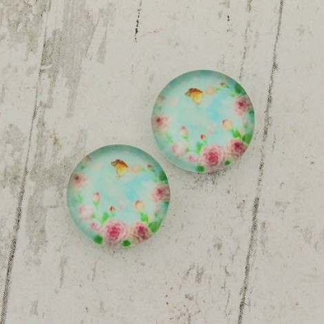12mm Art Glass Cabochons - Pale Blue with Pink Flowers- Per Pair