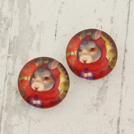 12mm Art Glass Cabochons - Red Riding Hood Rabbit- Per Pair