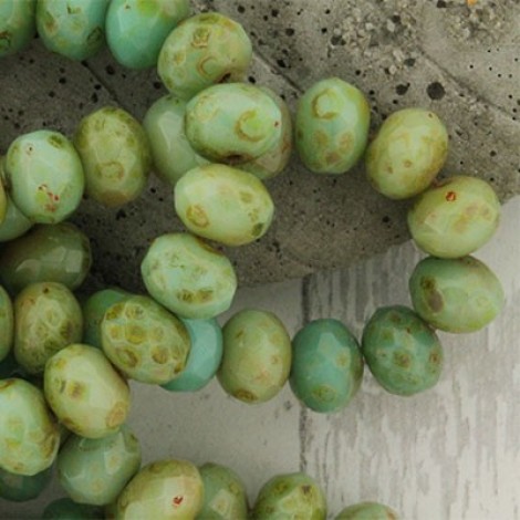 7x5mm Czech Faceted Rondelles - Green Picasso Mix - Pack of 10