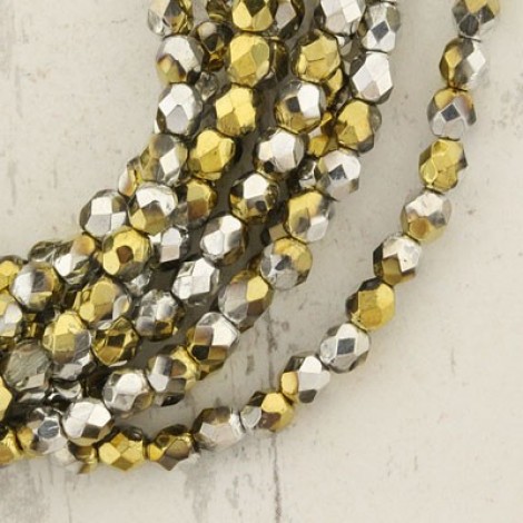 4mm Czech Firepolish Beads - Gold California Silver - Pack of 50