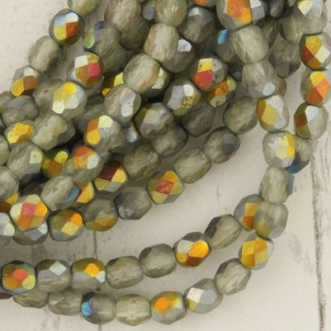 4mm Czech Firepolish Beads - Green-Grey Matte AB - Pack of 50