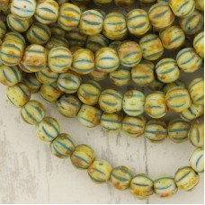 4mm Czech Melon Beads - Ivory with Turquoise Picasso Wash