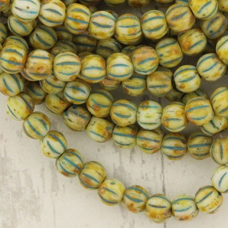 4mm Czech Melon Beads - Ivory with Turquoise Picasso Wash- Pack of 50