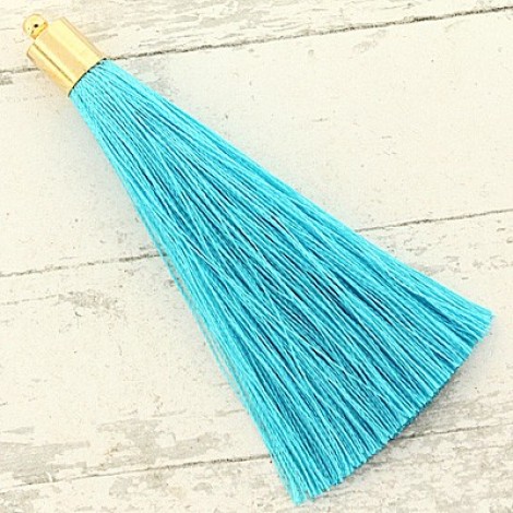 70mm Silk Tassels with Gold Beadcap - Turquoise - Per Pair 70mm Silk Tassels with Gold Beadcap - Turquoise - Per Pair