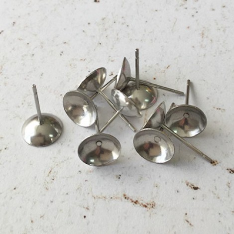 6mm 304 Stainless Steel Pearl Cup Setting Domed Earposts w-Clutches
