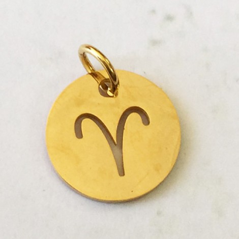 12x1mm Gold Stainless Steel Zodiac Charm with 4.5mm Jump Ring - Aries