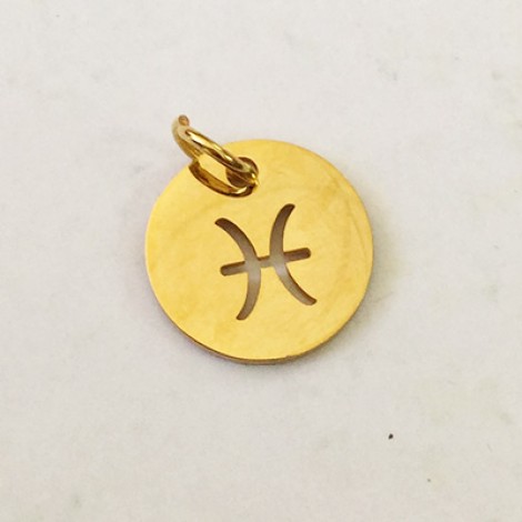 12x1mm Gold Stainless Steel Zodiac Charm with 4.5mm Jump Ring - Pisces