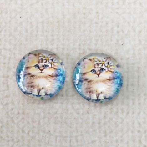 12mm Art Glass Backed Cabochons - Kitty 1 - Per Pair 12mm Art Glass Backed Cabochons - Kitty 1 - Per Pair
