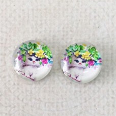 12mm Art Glass Backed Cabochons  - Kitty 2 - Per Pair