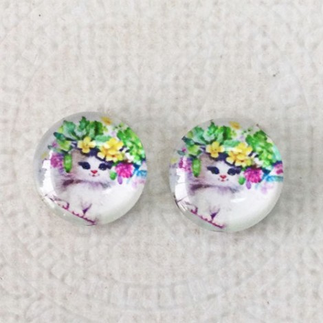 12mm Art Glass Backed Cabochons - Kitty 2 - Per Pair 12mm Art Glass Backed Cabochons - Kitty 2 - Per Pair