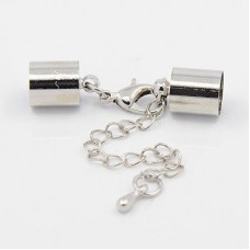 5mm ID Cord End Caps with Clasp & Ext Chain - Platinum Silver Colour Plated Brass