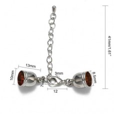 8mm ID Im Rhodium Silver Plated Nickel Free Cord End Caps w-Clasp & Extension Chain - Per Set