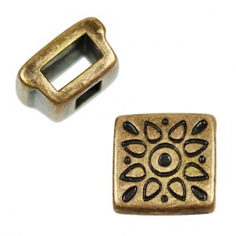 9mm (5x2mmID) Ant Brass Folk Flower Square Slider - each