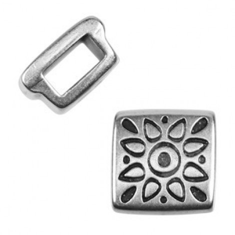 9mm(5x2mmID) Ant Silver Folk Flower Square Slider - Each 9mm(5x2mmID) Ant Silver Folk Flower Square Slider - Each