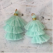 35mm Three Tier Mini Cotton Tassels with Loop - Aqua - 1 pair
