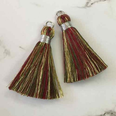 40mm Silk Tassels with Silver Metallic Thread & Jumpring - Deep Multi-Colour - 1 pair