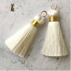 40mm Gold Wrapped Silk Tassels with Gold Jumpring - Off White - 1 pair