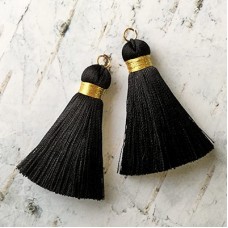 40mm Gold Wrapped Silk Tassels with Gold Jumpring - Black - 1 pair
