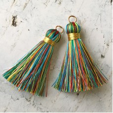 40mm Gold Wrapped Silk Tassels with Gold Jumpring - Light Multi-Colour - 1 pair