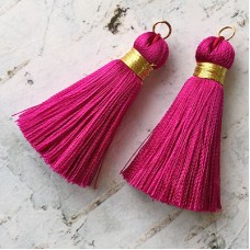 40mm Gold Wrapped Silk Tassels with Gold Jumpring - Fuchsia - 1 pair