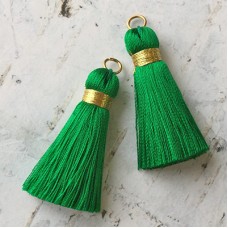 40mm Gold Wrapped Silk Tassels with Gold Jumpring - Emerald Green - 1 pair