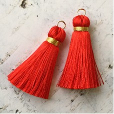 40mm Gold Wrapped Silk Tassels with Gold Jumpring - Shanghai Red - 1 pair