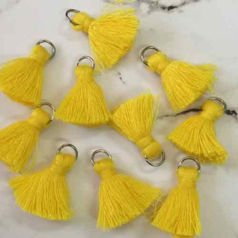 20mm Cotton Mini Tassels with Silver Jumpring - Pack of 10 - Golden Yellow/Silver
