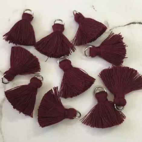 20mm Cotton Mini Tassels with Silver Jumpring - Pack of 10 - Burgundy/Silver